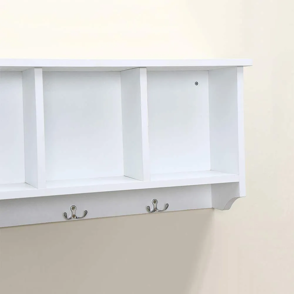 love furniture Floating Shelf Coat Rack Wall Mounted Cabinets Hanging Entryway Shelf w/ 4 Hooks Storage Cubbies Organizer White