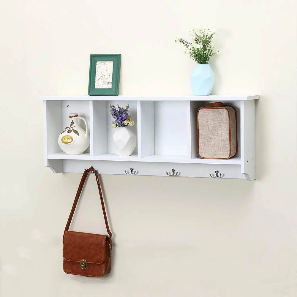 love furniture Floating Shelf Coat Rack Wall Mounted Cabinets Hanging Entryway Shelf w/ 4 Hooks Storage Cubbies Organizer White