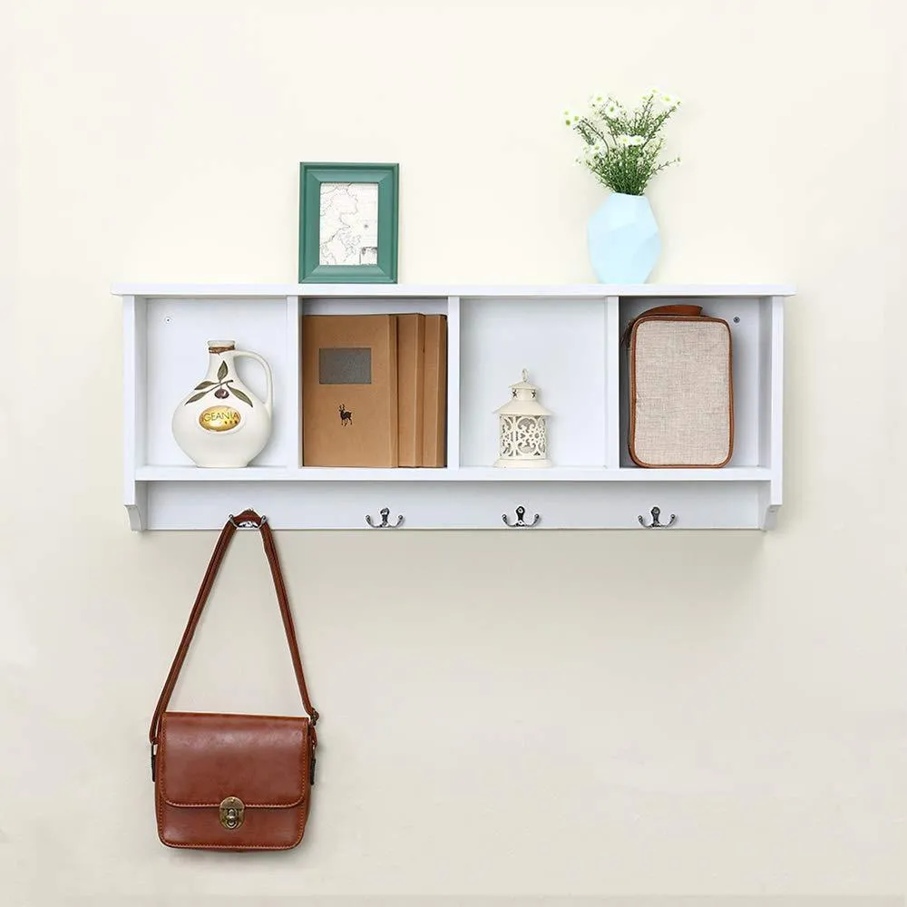 love furniture Floating Shelf Coat Rack Wall Mounted Cabinets Hanging Entryway Shelf w/ 4 Hooks Storage Cubbies Organizer White