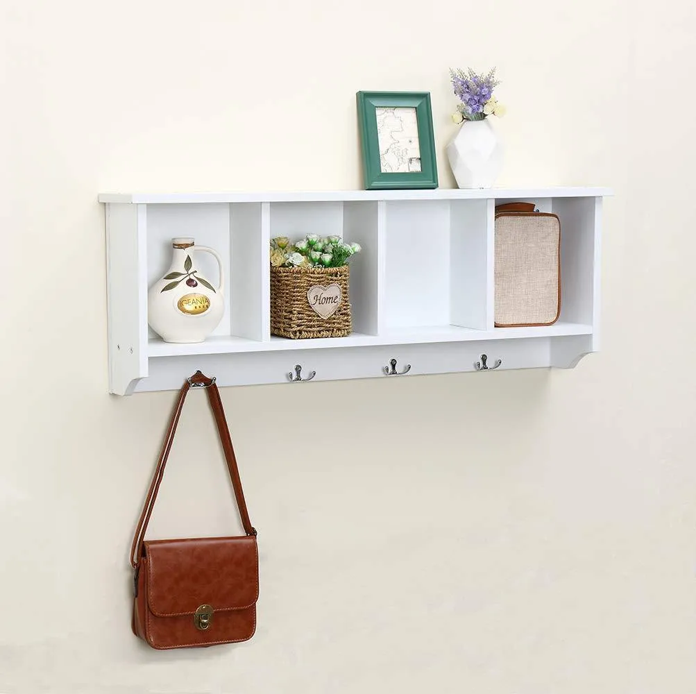 love furniture Floating Shelf Coat Rack Wall Mounted Cabinets Hanging Entryway Shelf w/ 4 Hooks Storage Cubbies Organizer White