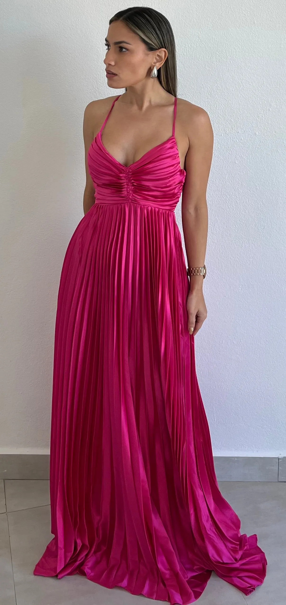 Lovely Essence Fuchsia Pleated Long Dress