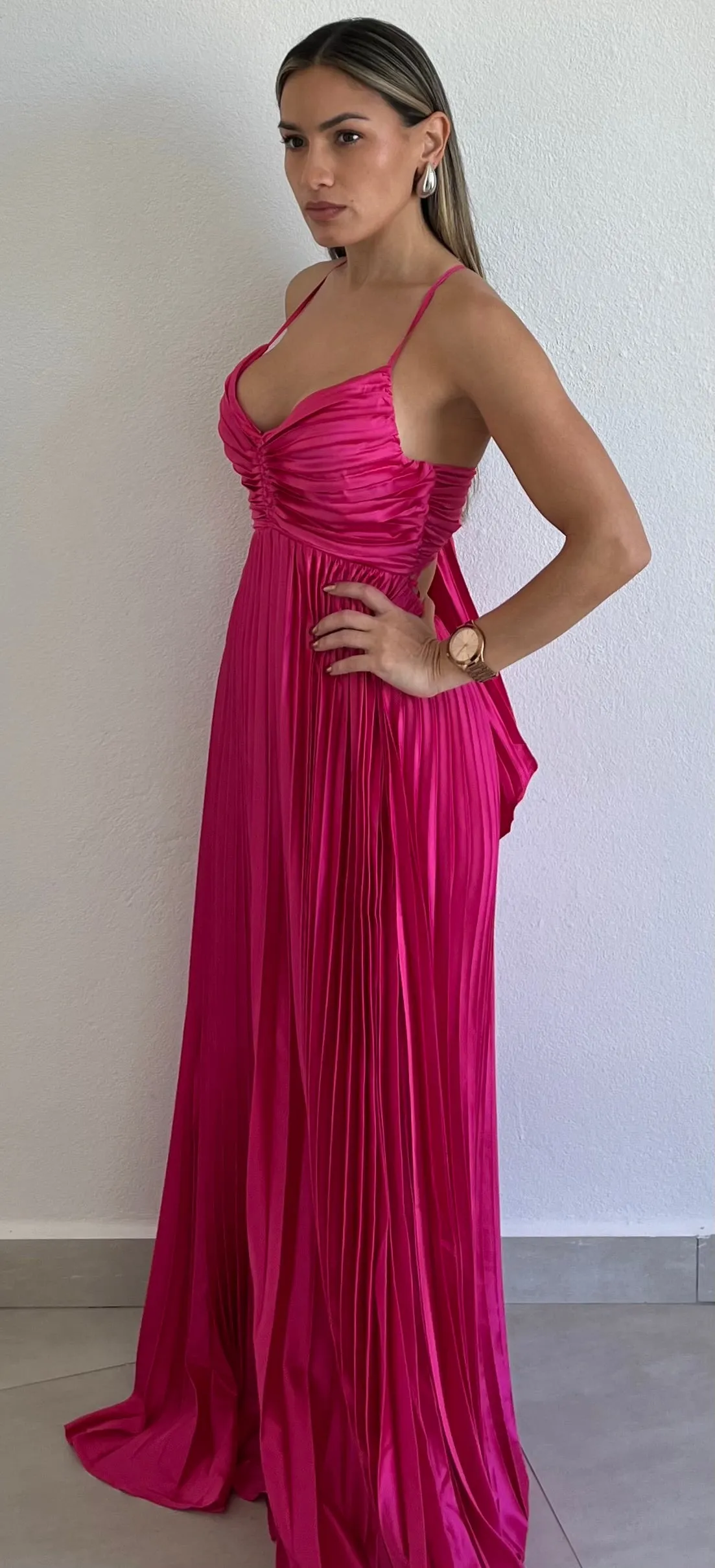 Lovely Essence Fuchsia Pleated Long Dress