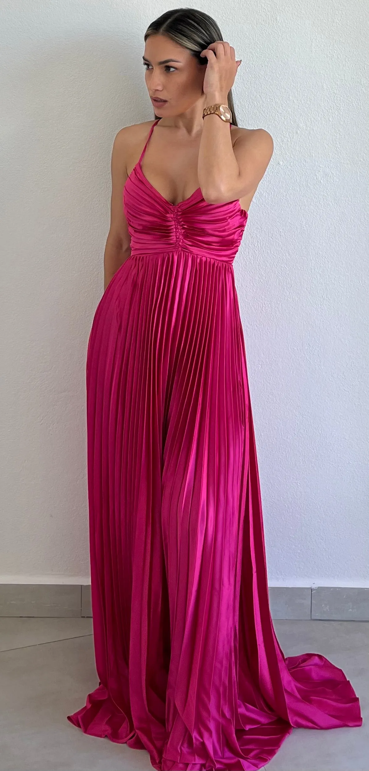 Lovely Essence Fuchsia Pleated Long Dress