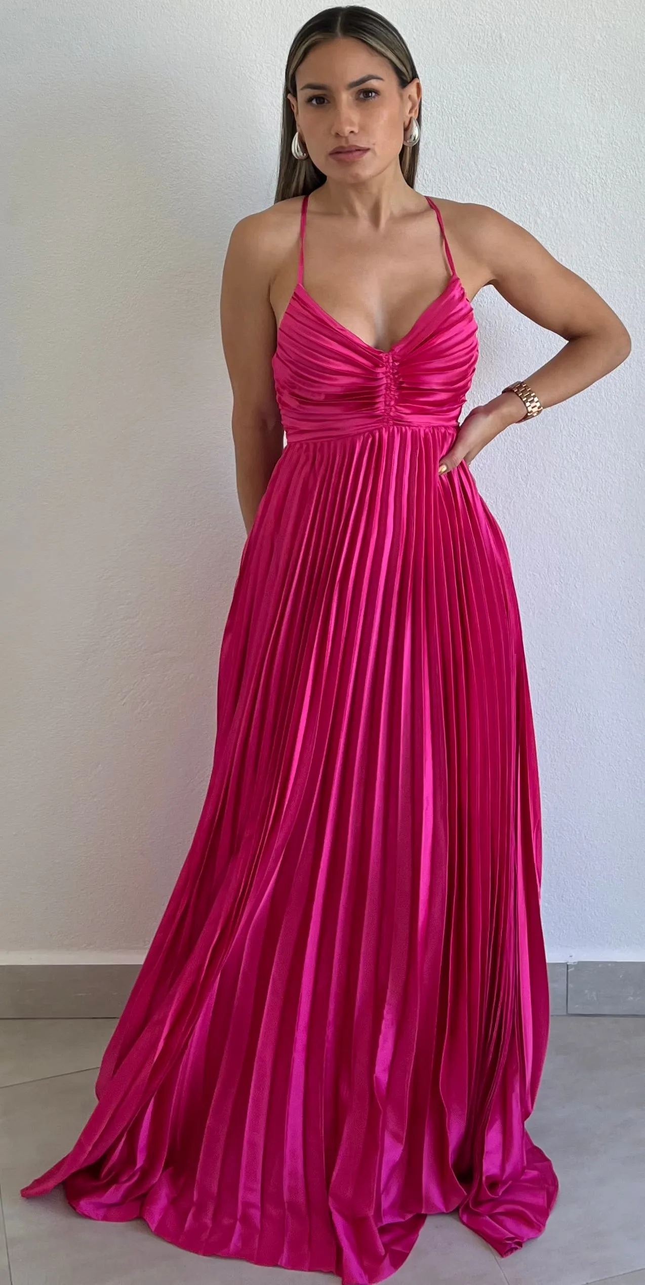Lovely Essence Fuchsia Pleated Long Dress