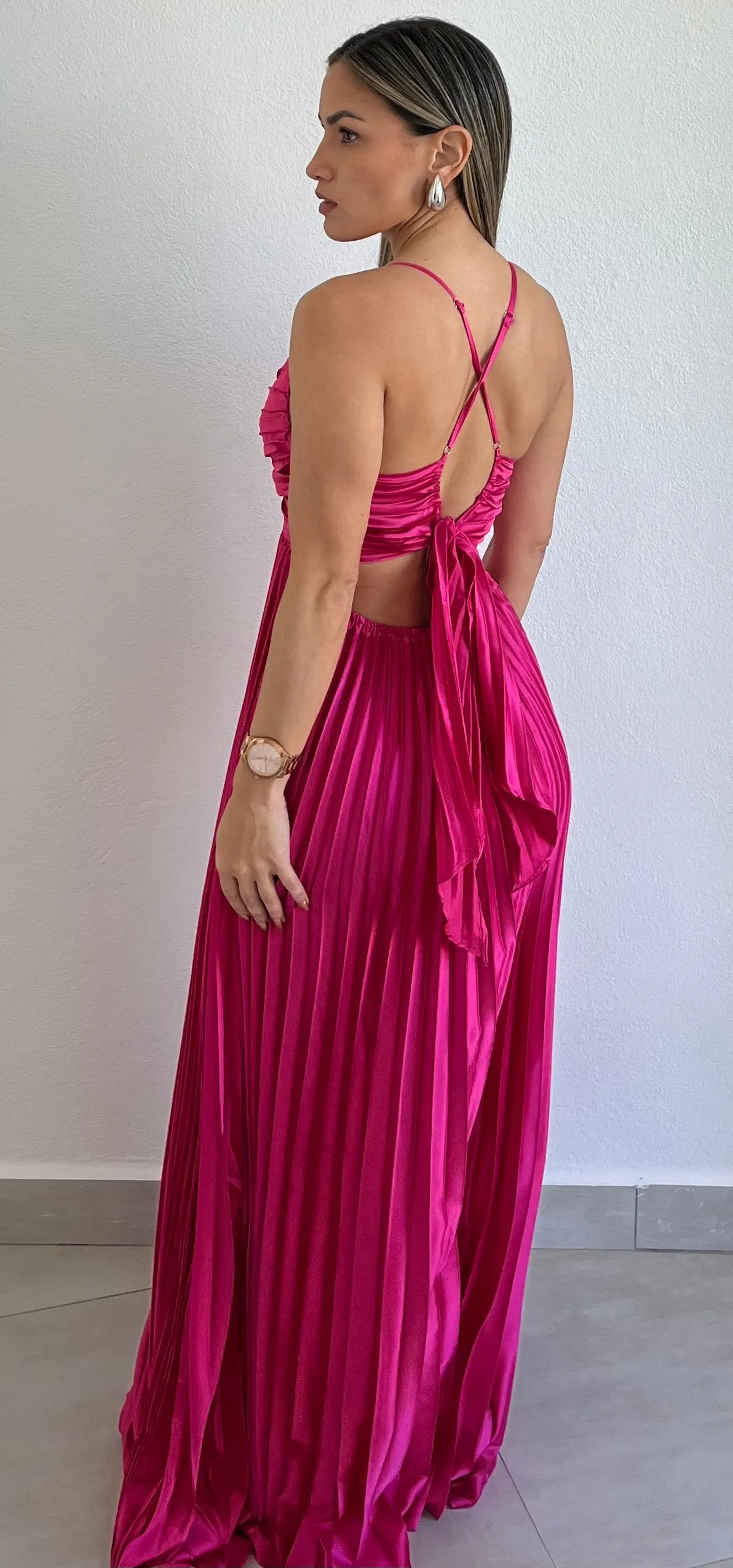 Lovely Essence Fuchsia Pleated Long Dress