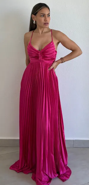 Lovely Essence Fuchsia Pleated Long Dress