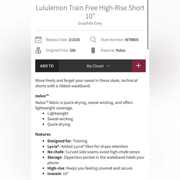 Lululemon Train Free High Rise 10” Shorts Granite Grey Size 4