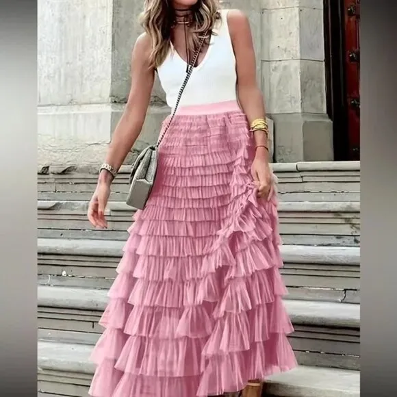 Luxe boho layered mesh maxi skirt