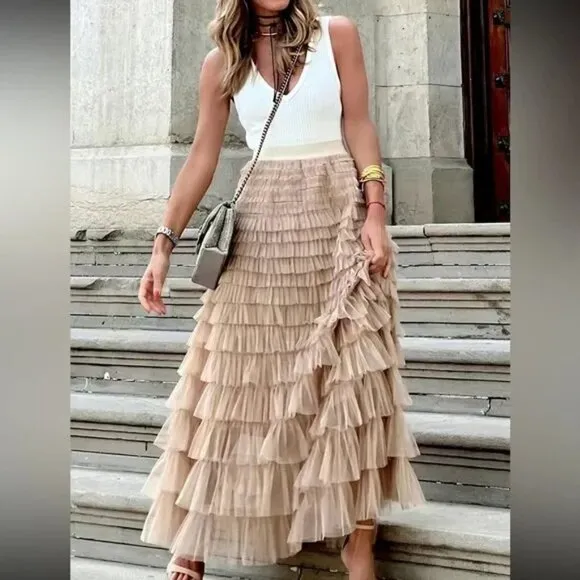 Luxe boho layered mesh maxi skirt