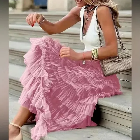 Luxe boho layered mesh maxi skirt