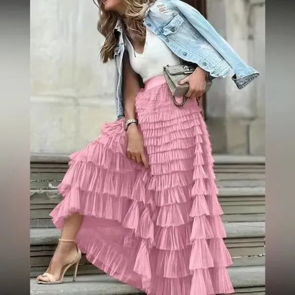 Luxe boho layered mesh maxi skirt