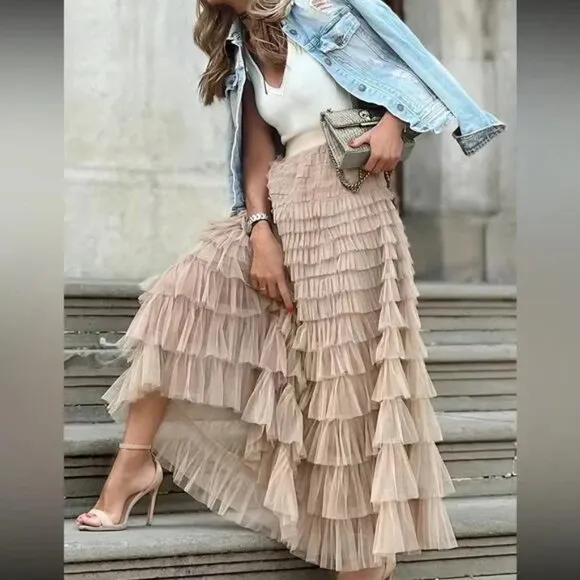 Luxe boho layered mesh maxi skirt