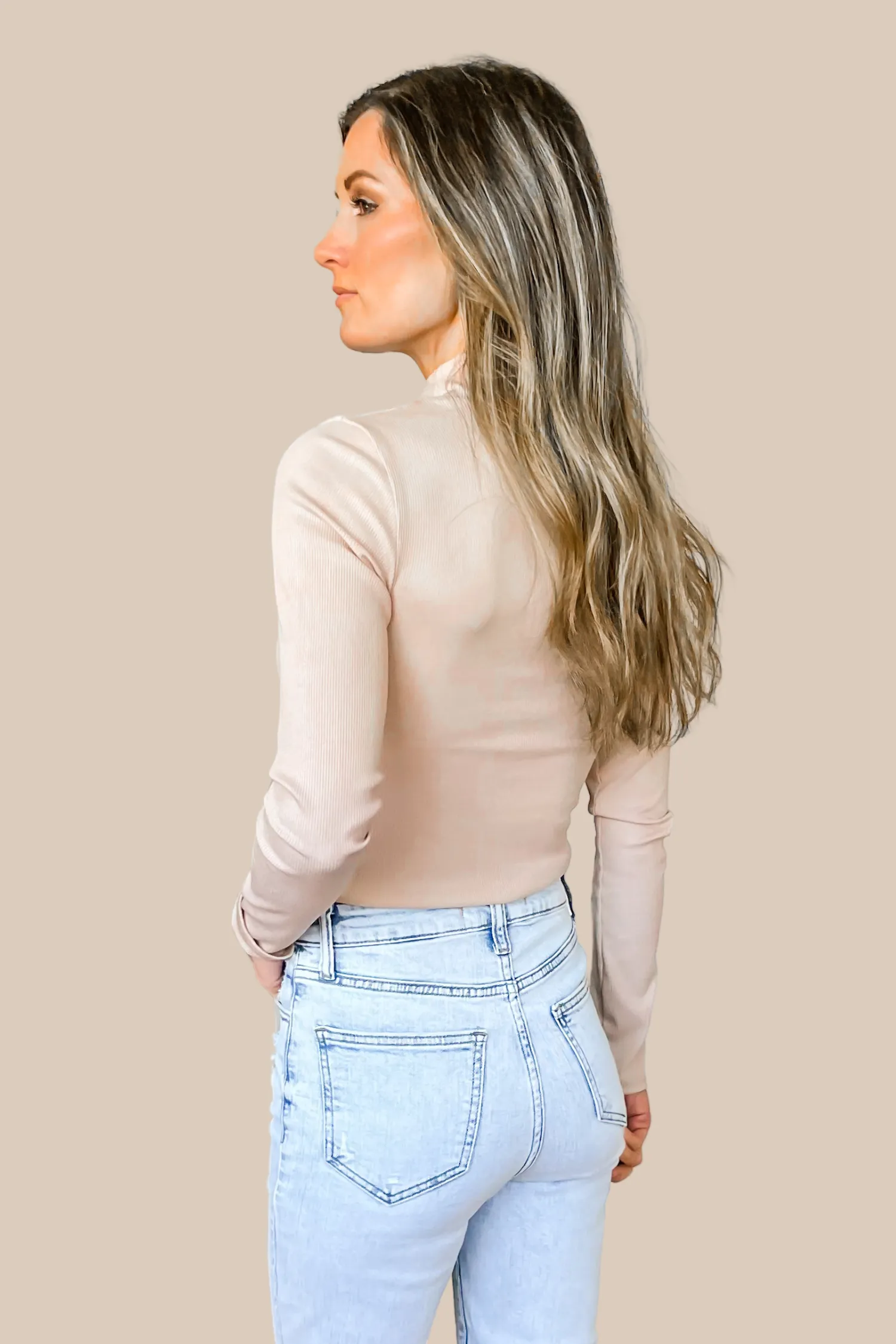 Maeve Ribbed Knit Mock Neck Top - Sand