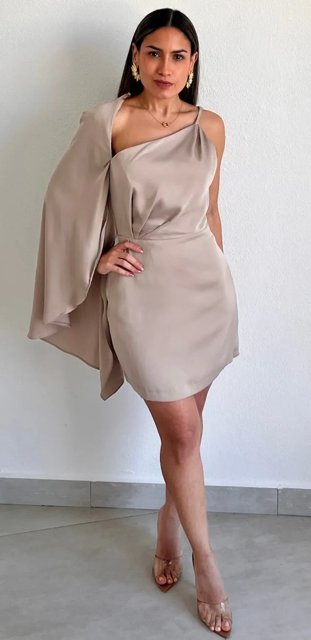 Majestic Energy Champagne Cape One-Shoulder Dress