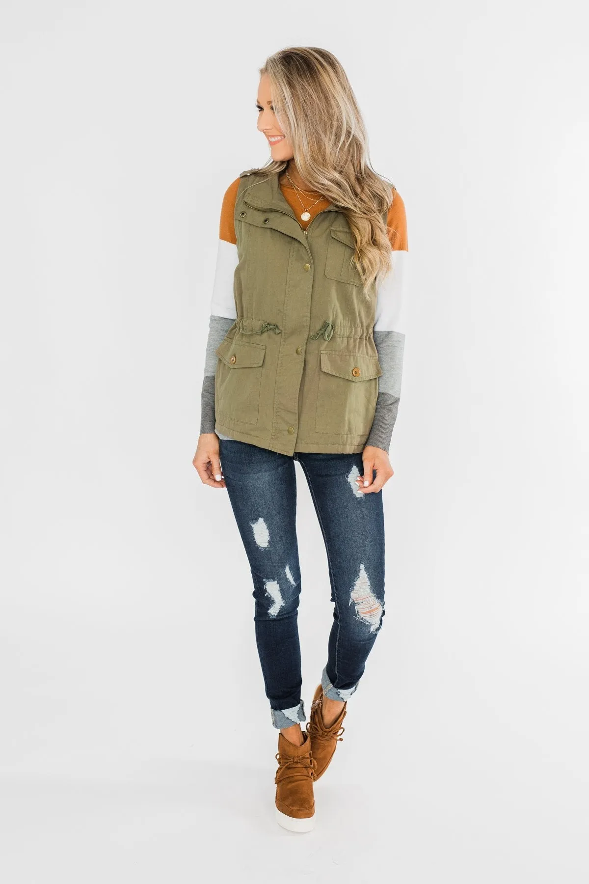 Marching To The Beat Faux Fur Vest- Olive