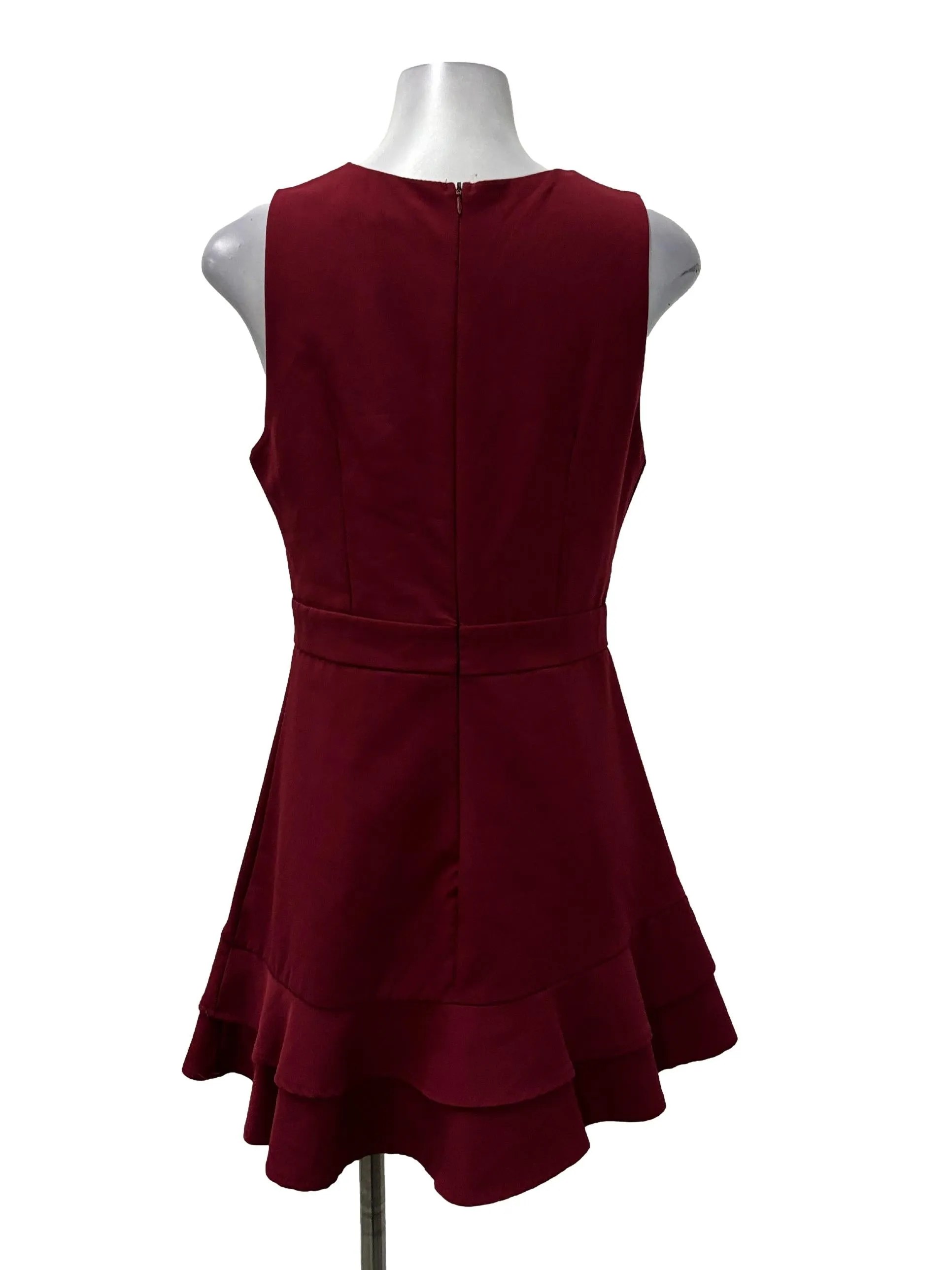 Maroon Roundneck Ruffle Trim Sleeveless Dress
