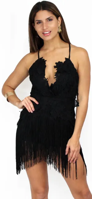 Marvelous Muse Fringes & Crochet Black Dress