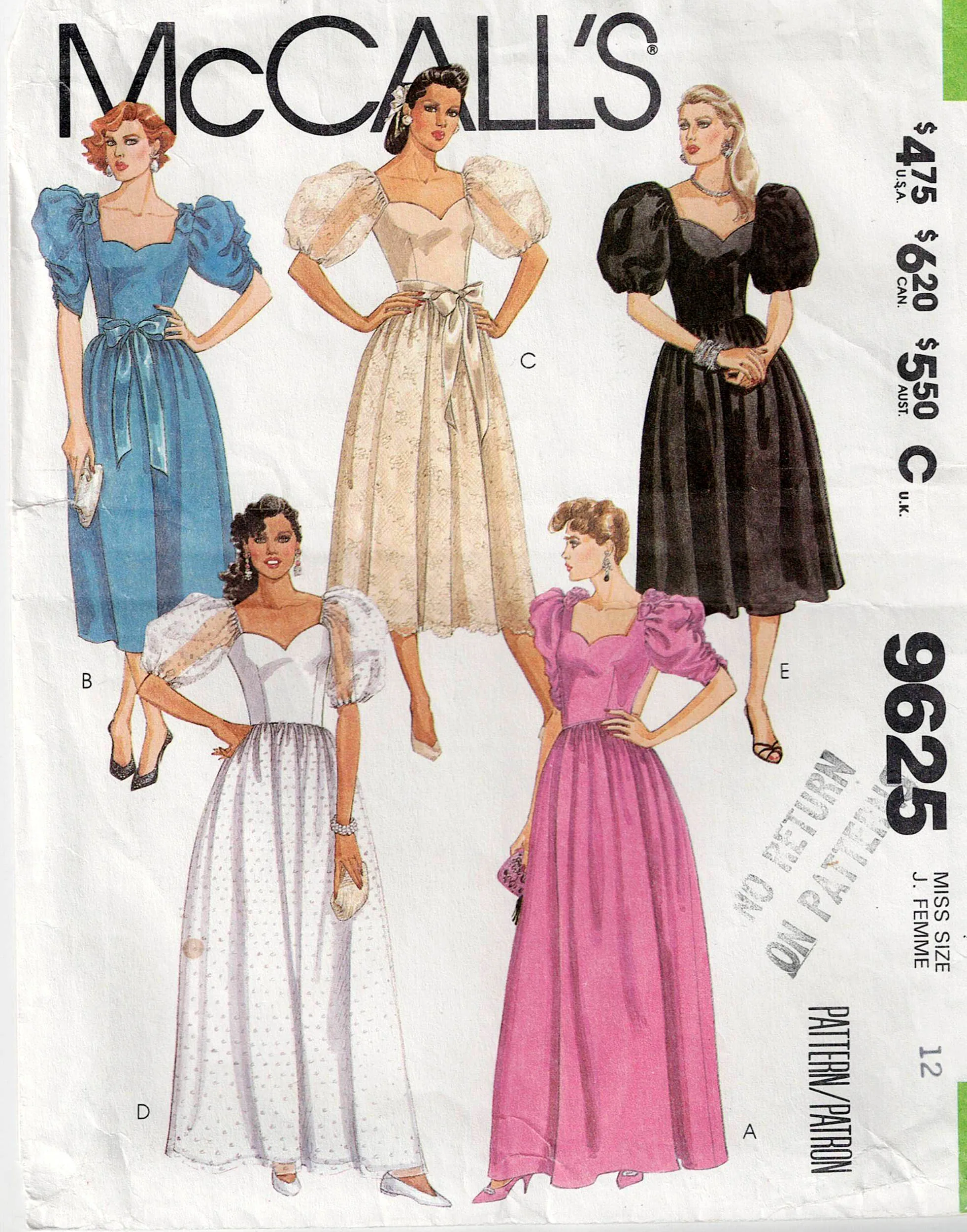 McCall's 9625 Womens Puffy Sleeved Sweetheart Neckline Evening Prom Bridesmaids Dress & Half Petticoat 1980s Vintage Sewing Pattern Size 12 Bust 34 inches