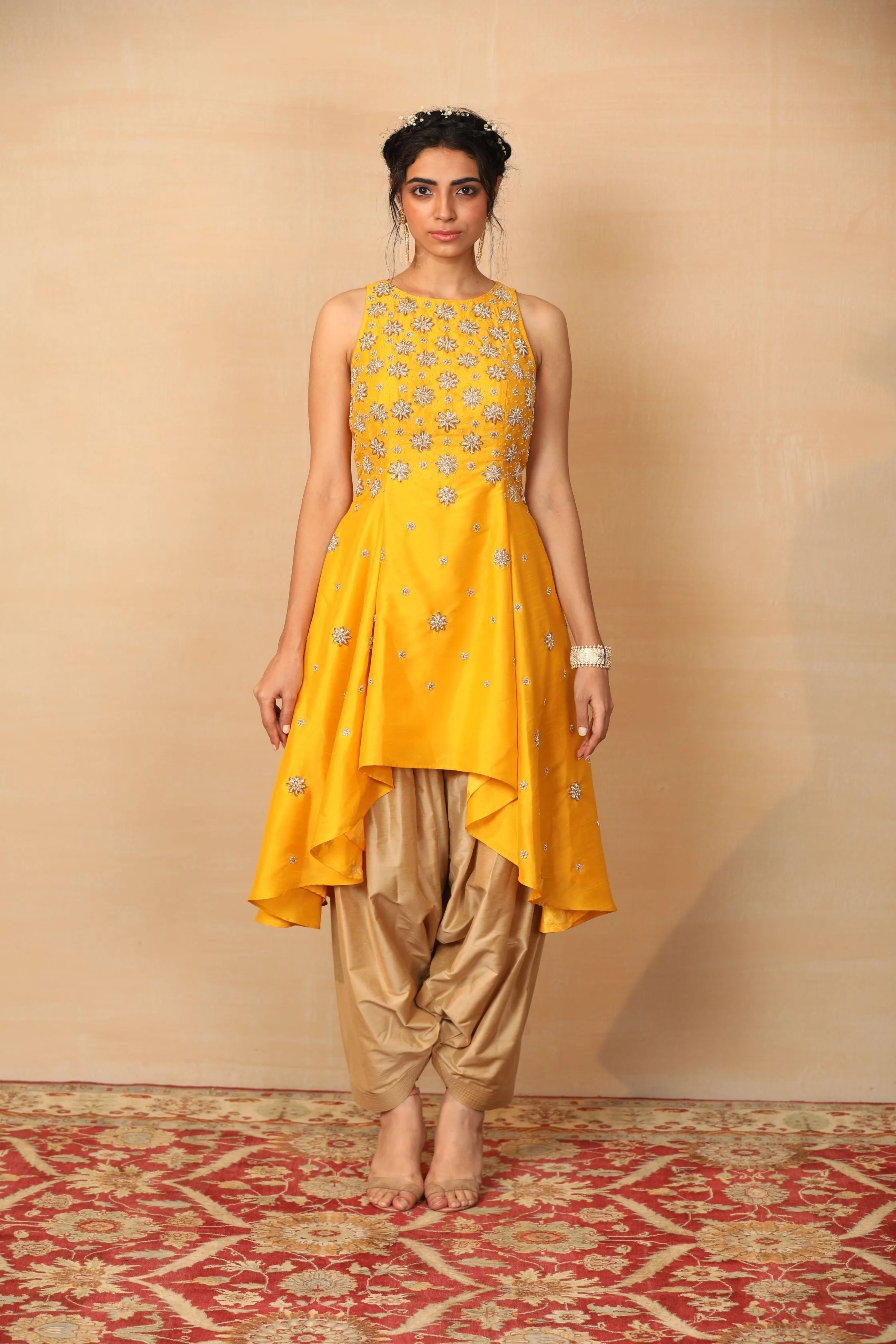 Mellow Mustard High Low Kurta With Afghani Pants