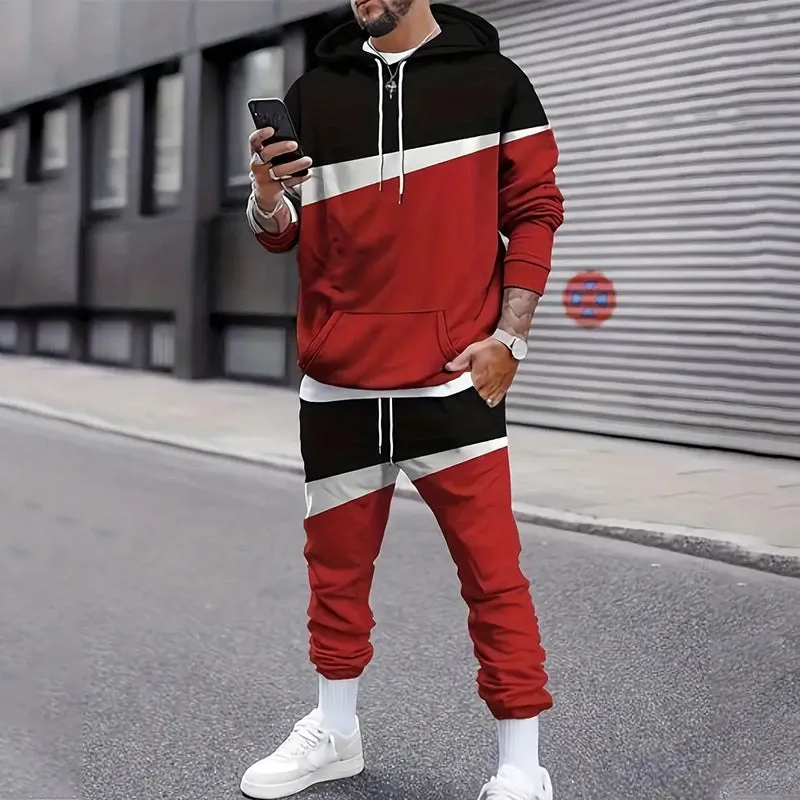 Men's Color Block Casual Hoodies Long Sleeve 2Pcs Outfits 2410001085