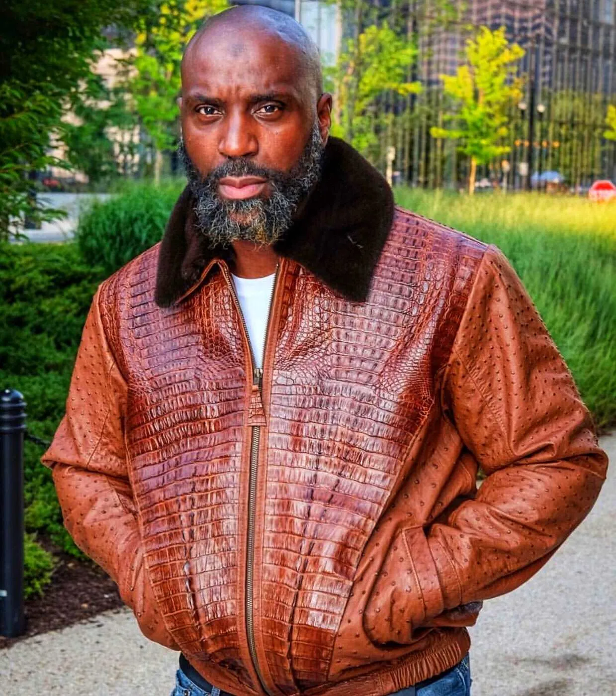 Men's Custom Made Ostrich Jacket with Crocodile Frontal