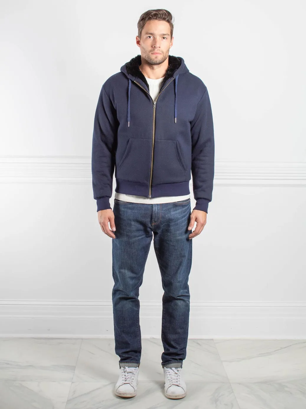 Men's Rabbit Lined Hooded Zip Sweatshirt in Navy