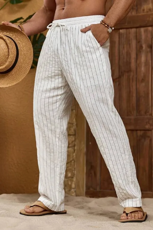Men's Striped High Waisted Drawstring Pants With Pockets