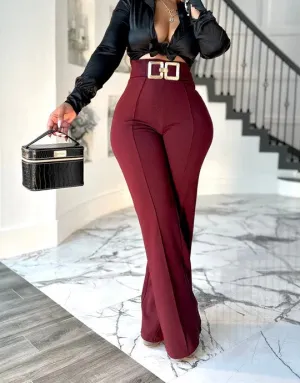 Metal buckle stretch high waist wide leg pants