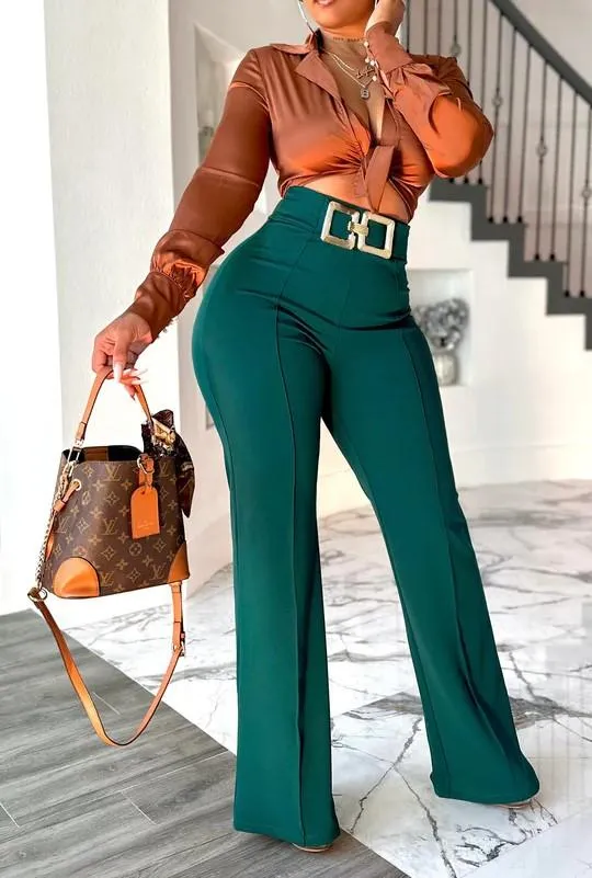 Metal buckle stretch high waist wide leg pants