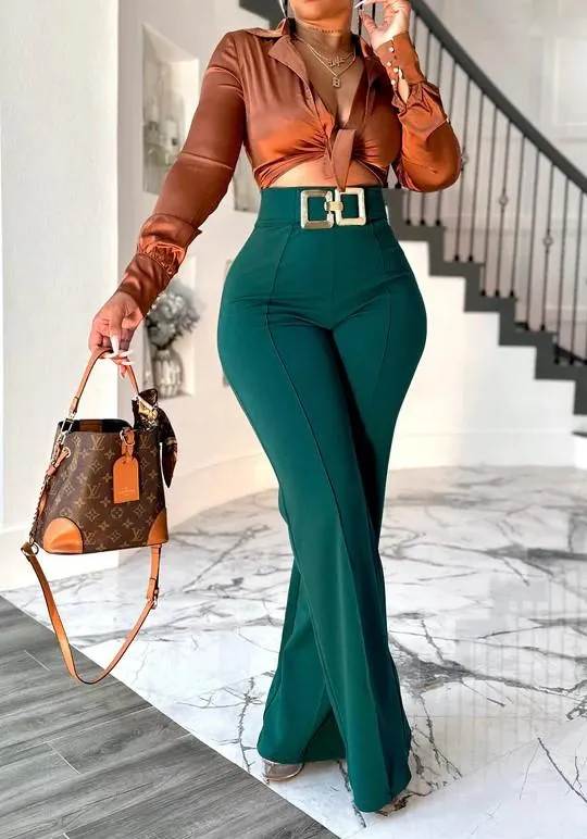 Metal buckle stretch high waist wide leg pants