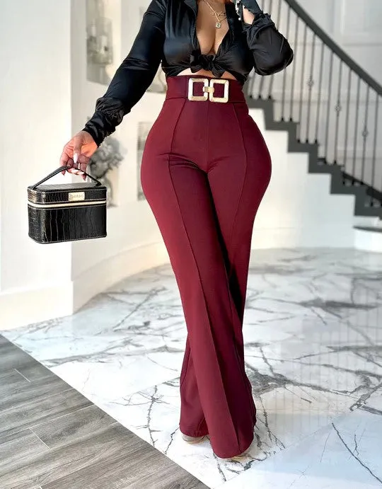 Metal buckle stretch high waist wide leg pants