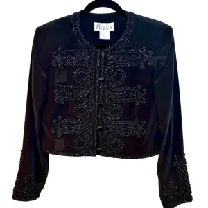 Mieka Black Beaded Embellished Cropped  Jewel Neck Evening Blazer Jacket Size 8