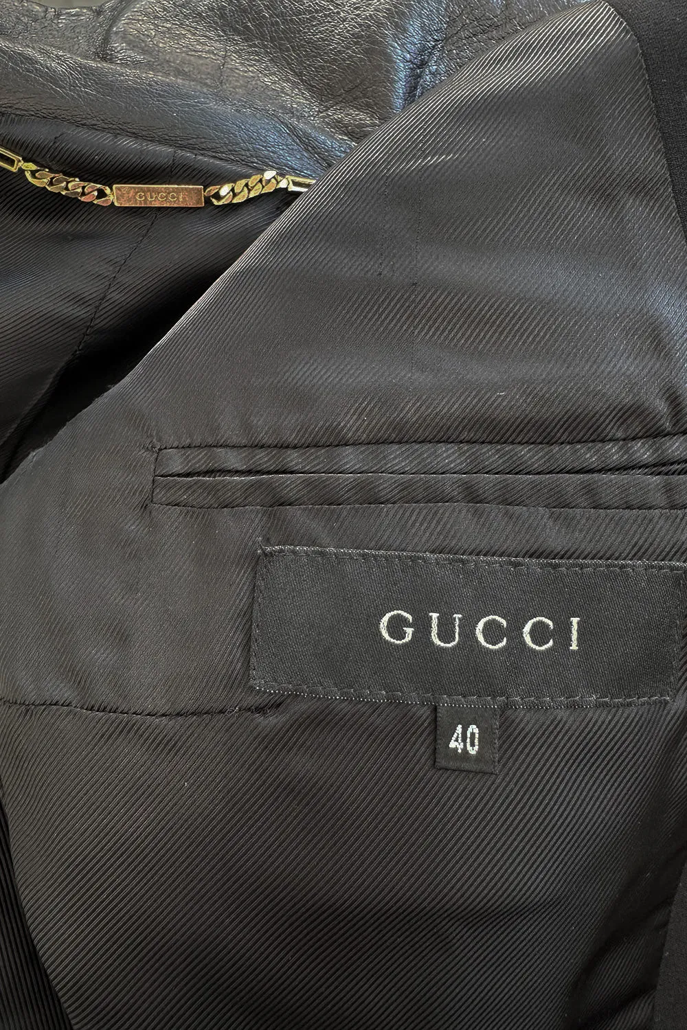 Minimalist Fall 2000 Gucci by Tom Ford Runway Look 3 Black Pant Suit w Leather Collar Detailing