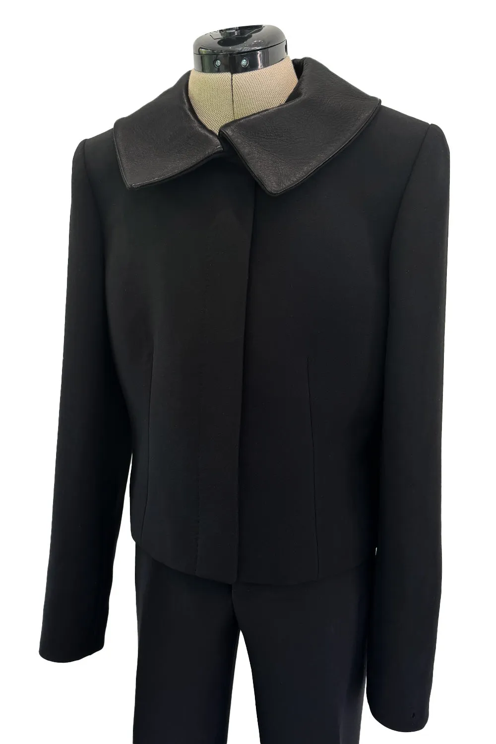 Minimalist Fall 2000 Gucci by Tom Ford Runway Look 3 Black Pant Suit w Leather Collar Detailing