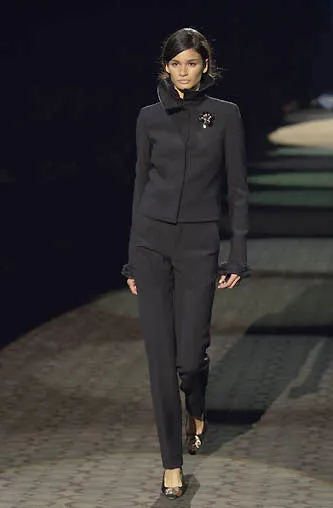 Minimalist Fall 2000 Gucci by Tom Ford Runway Look 3 Black Pant Suit w Leather Collar Detailing