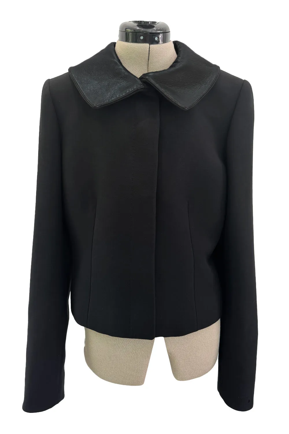 Minimalist Fall 2000 Gucci by Tom Ford Runway Look 3 Black Pant Suit w Leather Collar Detailing