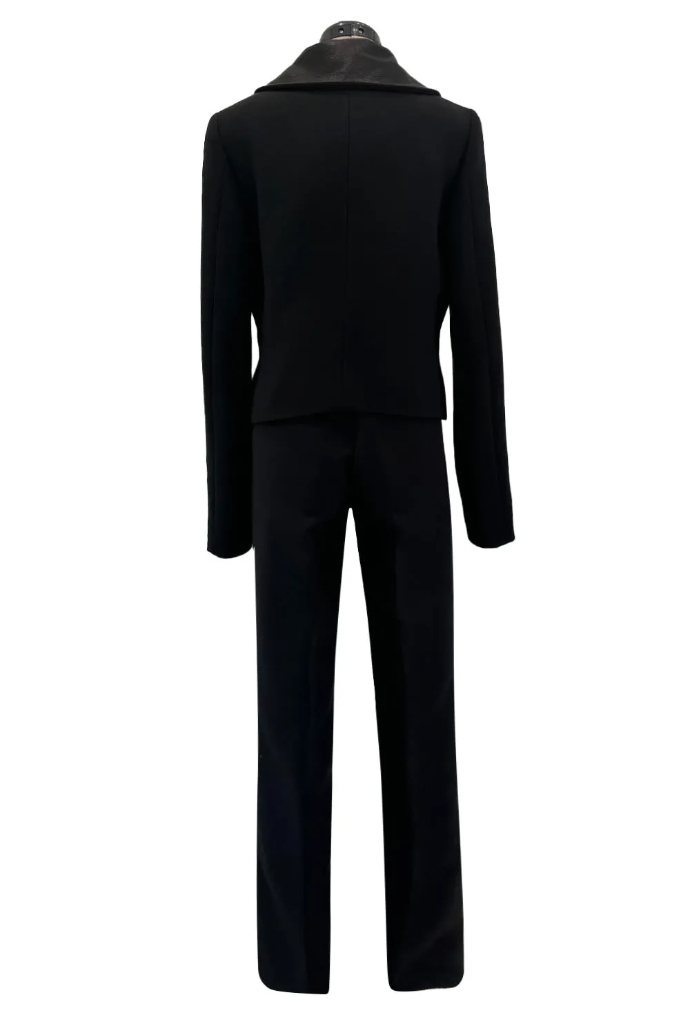 Minimalist Fall 2000 Gucci by Tom Ford Runway Look 3 Black Pant Suit w Leather Collar Detailing