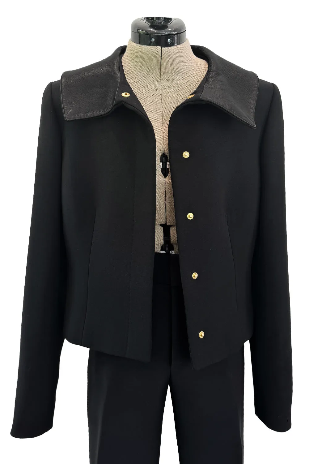 Minimalist Fall 2000 Gucci by Tom Ford Runway Look 3 Black Pant Suit w Leather Collar Detailing