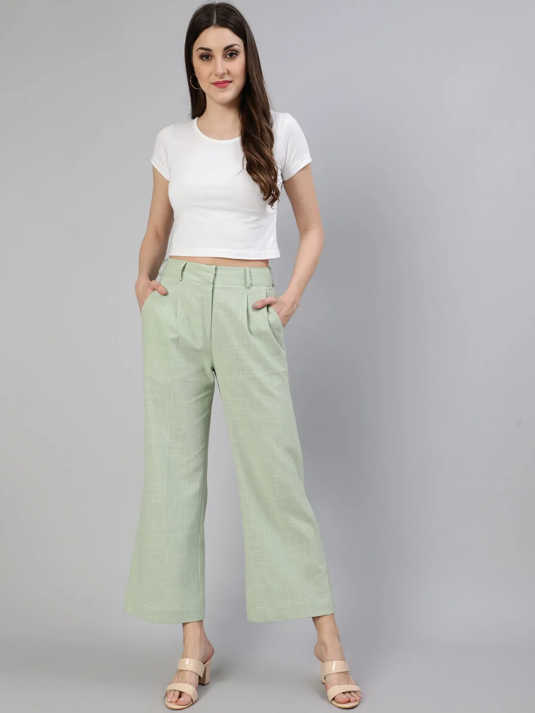 Mint Green Cotton Slub Flared High Rise Parallel Pants