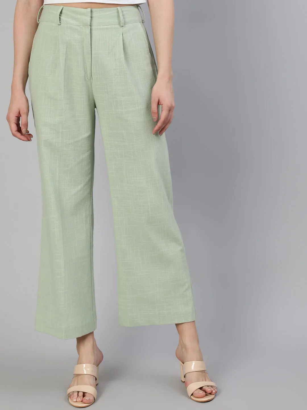Mint Green Cotton Slub Flared High Rise Parallel Pants