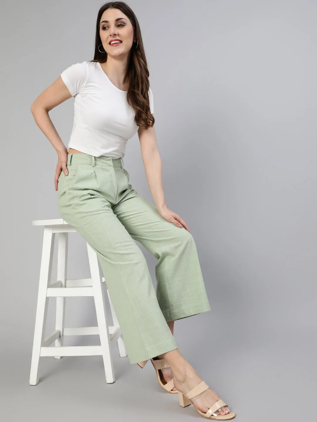 Mint Green Cotton Slub Flared High Rise Parallel Pants