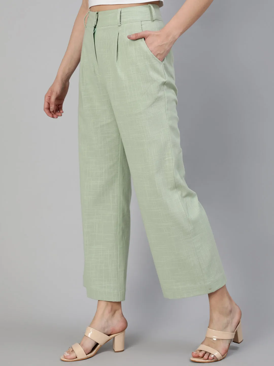 Mint Green Cotton Slub Flared High Rise Parallel Pants