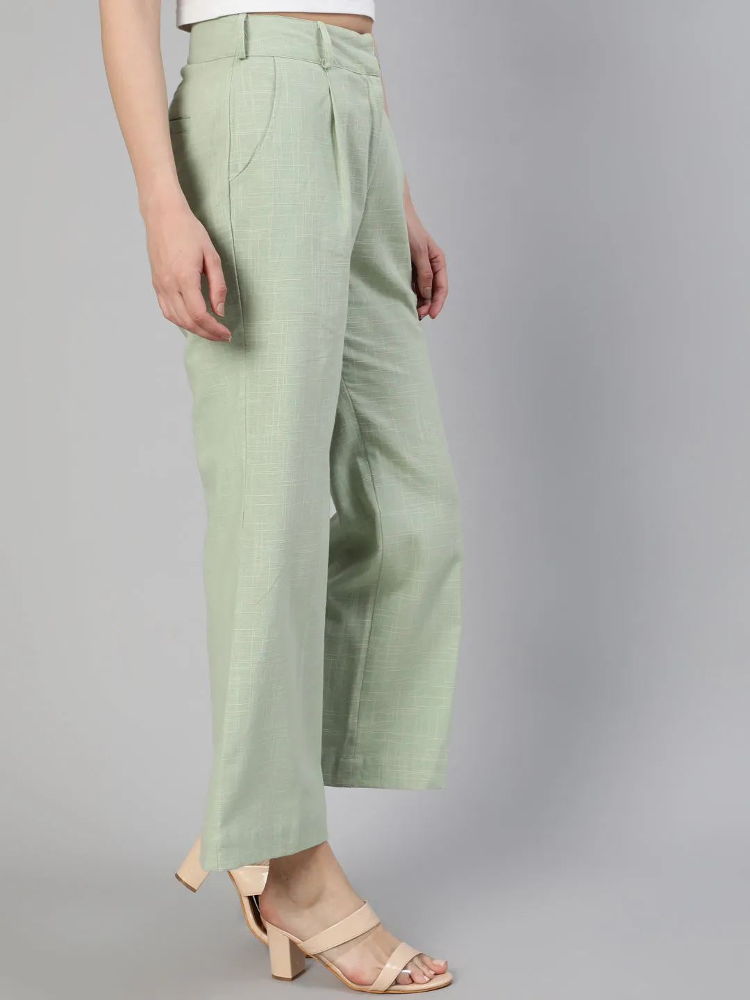 Mint Green Cotton Slub Flared High Rise Parallel Pants