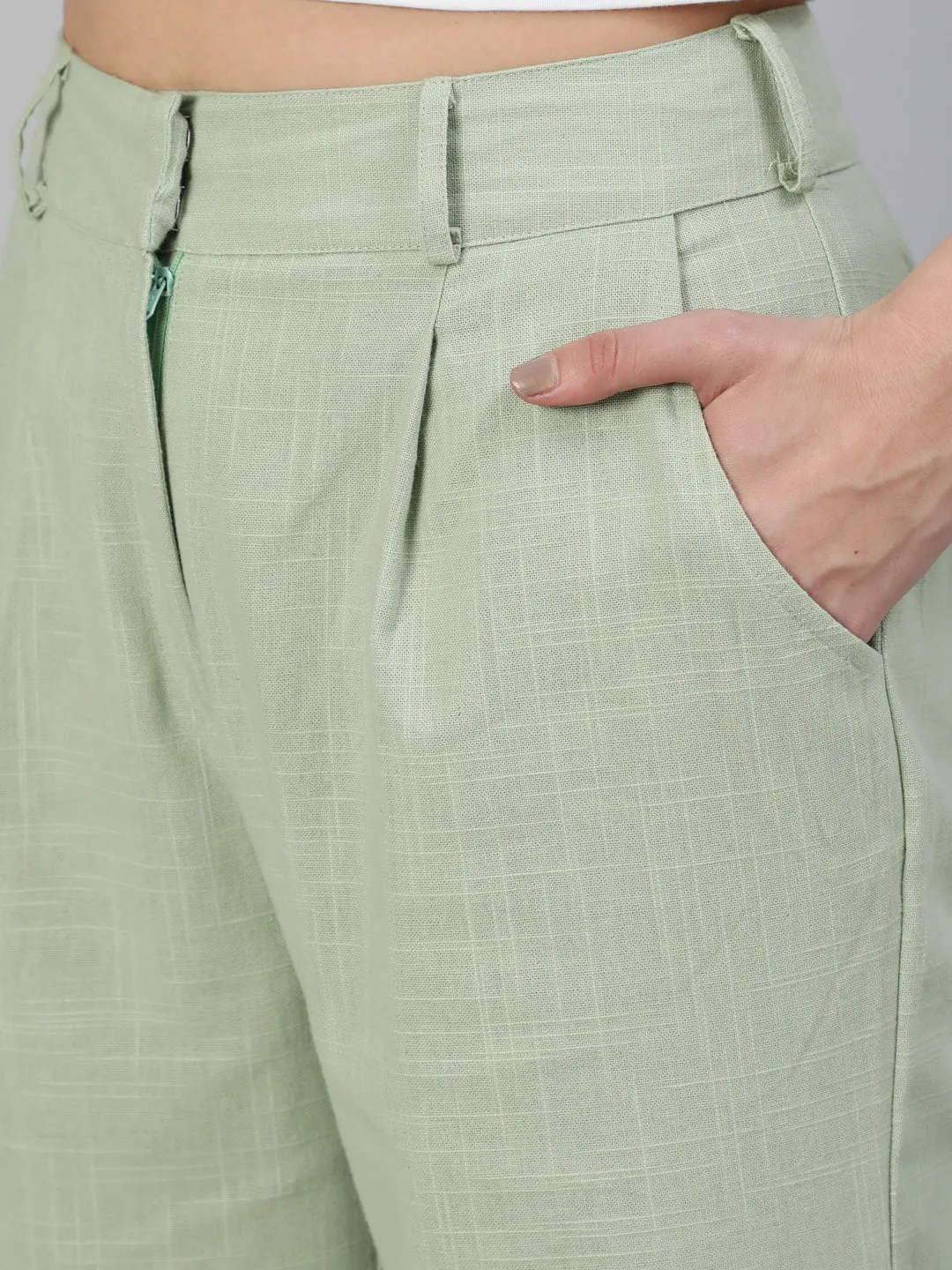 Mint Green Cotton Slub Flared High Rise Parallel Pants