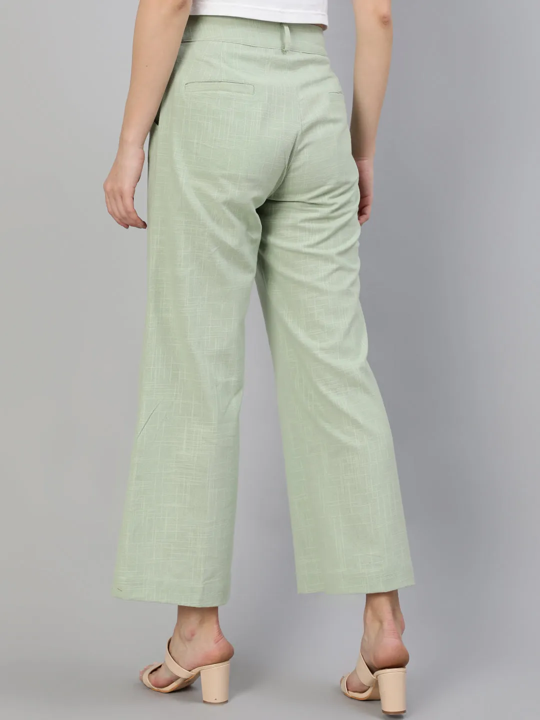 Mint Green Cotton Slub Flared High Rise Parallel Pants