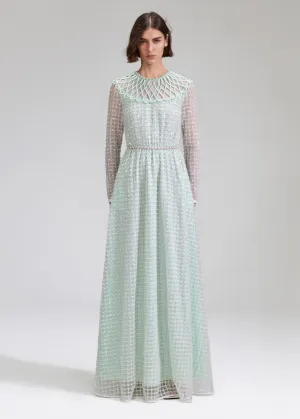 Mint Grid Sequin Pearl Maxi Dress