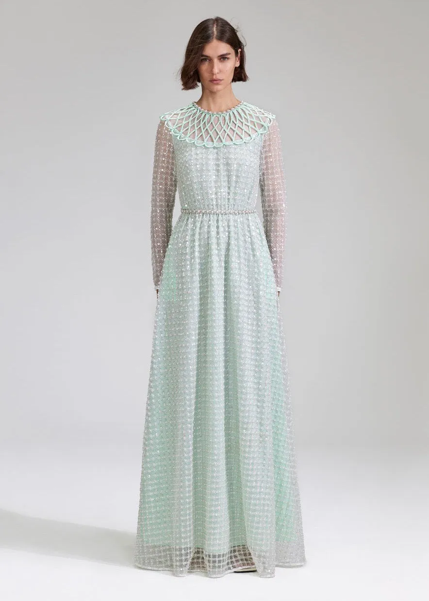 Mint Grid Sequin Pearl Maxi Dress