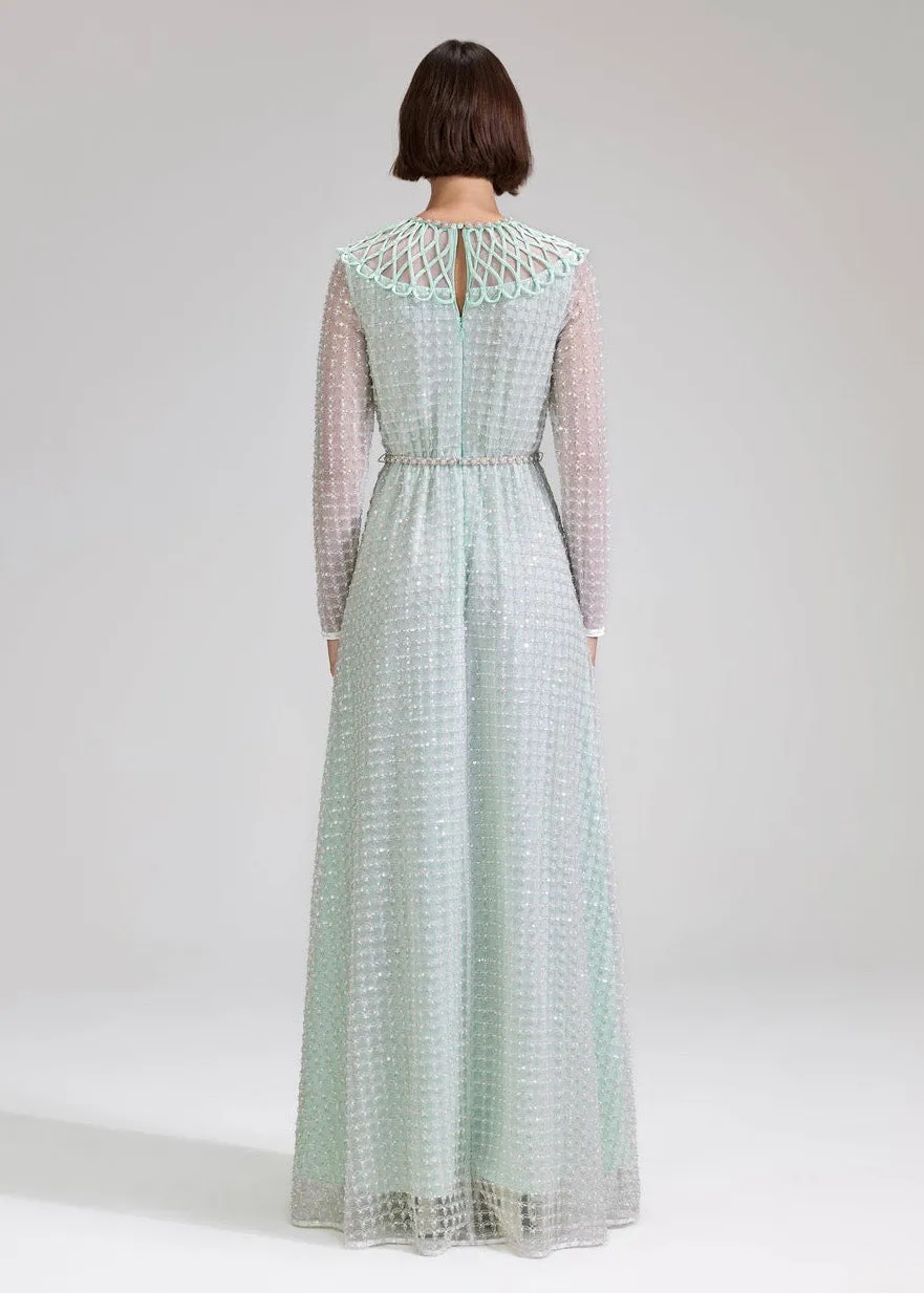 Mint Grid Sequin Pearl Maxi Dress