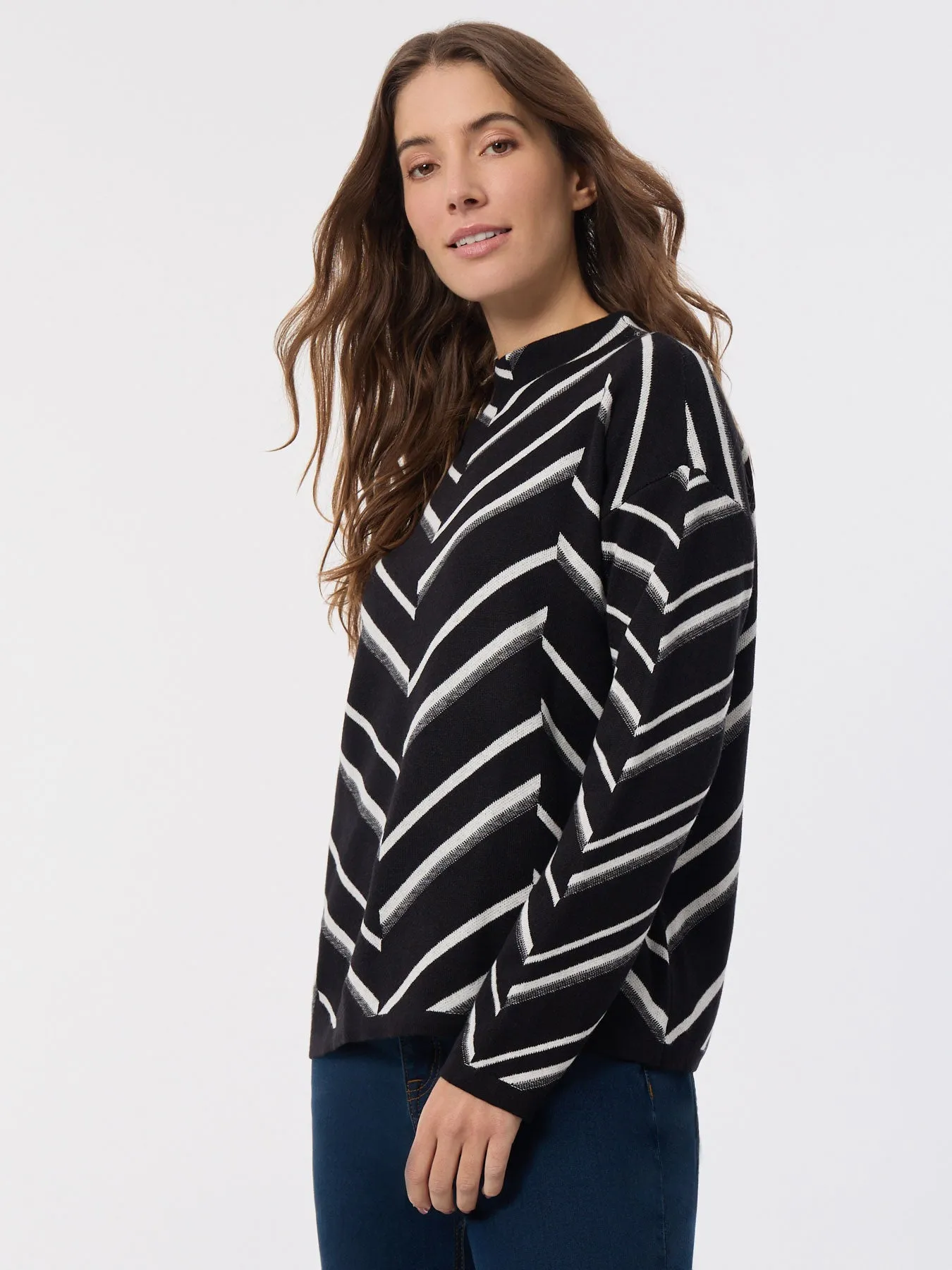 Mock Neck Chevron Jacquard Sweater