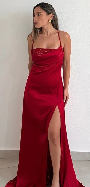 Moment to Shine Red Satin Long Dress